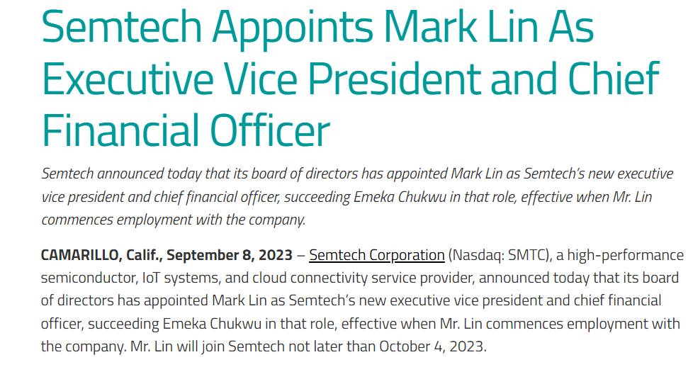 Semtech任命Mark Lin新任执行副总裁兼首席财务官