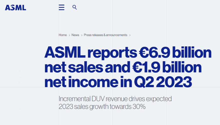 光刻机巨头 ASML 第二季度净销售额 69 亿欧元，预计今年同比增长 30%